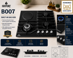 B007 
Built in Gas hob
Harmony 3 burner & one electric ignition with BS plug 8mm real thickness tempered glass With additional pan support and ignition with AC
60cm