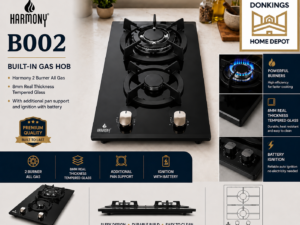 B002 Harmony 2 Burner Gas

Built-in Gas hob
Harmony 2 burner all gas
8mm real thickness tempered glass
With additional pan support and ignition with battery
40cm