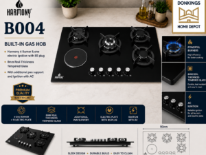 B004 
Built-in Gas hob
Harmony 4 burner & one electric ignition with BS plug 8mm real thickness tempered glass
With additional pan support and ignition with AC