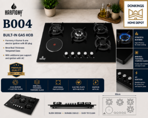 B004 
Built-in Gas hob
Harmony 4 burner & one electric ignition with BS plug 8mm real thickness tempered glass
With additional pan support and ignition with AC