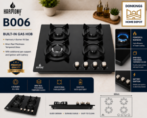 B006
Harmony 4 burner all gas
Built-in Gas hob
8mm real thickness tempered glass
With additional pan support and ignition with battery