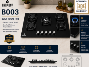 B003    
Built-in Gas hob
Harmony 5 burner all gas
8mm real thickness tempered glass
With additional pan support and ignition with battery