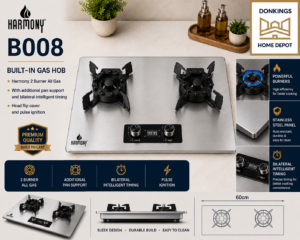 B008
Built-in Gas hob
Harmony 2 burner all gas
With additional pan support and bilateral intelligent timing
Head flip cover and pulse ignition
60cm