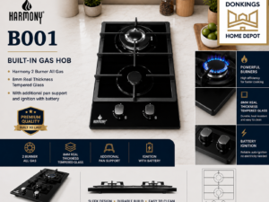 B001    Built-in Gas hob
Harmony 2 burner all gas
8mm real thickness tempered glass
With additional pan support and ignition with battery
