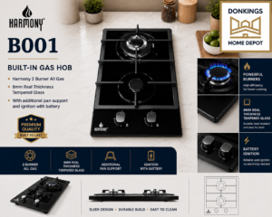 B001    Built-in Gas hob
Harmony 2 burner all gas
8mm real thickness tempered glass
With additional pan support and ignition with battery