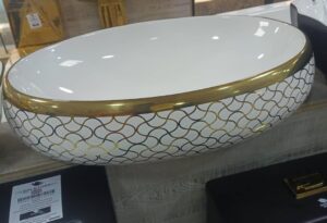 Glossy White & Gold Circular Washing Hand Basin – Modern Design