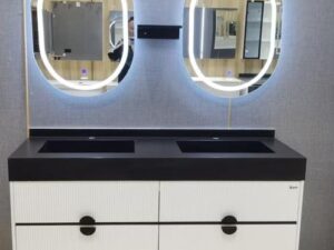 b9d10c5b-a371-46b6-b18b-c8c5ff05e591 Black & White Wall Cabinet Basin Set — Twin Mirrors (Designer Pattern)
