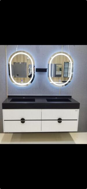 Black & White Wall Cabinet Basin Set — Twin Mirrors (Designer Pattern)