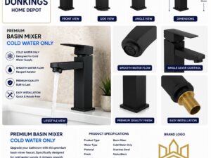 🖤 Premium Square Basin Mixer – Matte Black | Cold Water Only