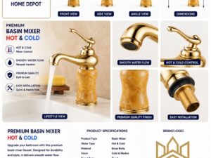 Premium Gold & Marble Basin Mixer – Hot & Cold
