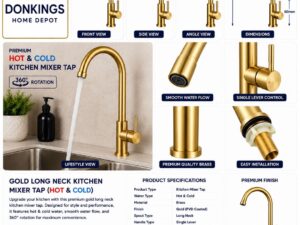 Gold Long Neck Kitchen Mixer Tap (Hot & Cold)