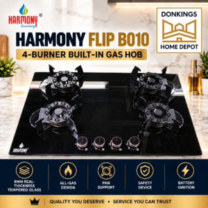 B010 – Harmony Flip 4 Burner All Gas Built-In Hob with 8mm Tempered Glass