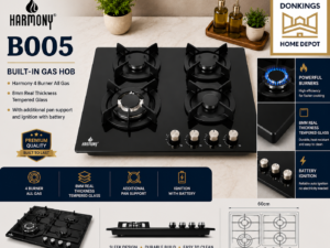 B005 – Harmony 4 Burner Built-In Gas Hob

Upgrade your kitchen with the Harmony B005 4 Burner Built-In Gas Hob, designed for efficient cooking, durability, and a stylish modern kitchen appearance.