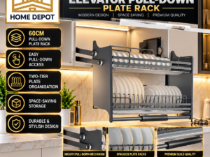 Donkings 60cm Elevator Pull-Down Plate Rack – Two-Tier Kitchen Cabinet Organizer