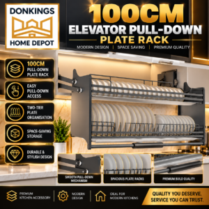 e180f71a-0544-49ca-83ef-83873d5837a1-2 Donkings 100cm Elevator Pull-Down Plate Rack – Two-Tier Kitchen Storage Organizer