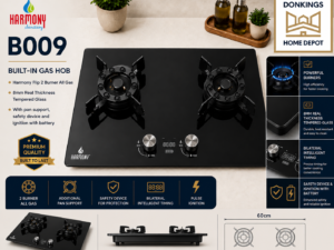 f5585fdd-634e-49c4-b50a-7b4934f885da B009 – Harmony 2 Burner All Gas Built-In Hob with Intelligent Timing
Upgrade your kitchen with the Harmony B009 2 Burner All Gas Built-In Hob, designed to combine modern elegance, safety, and efficient cooking performance.