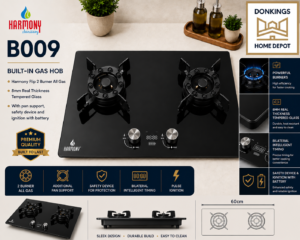B009 – Harmony 2 Burner All Gas Built-In Hob with Intelligent Timing
Upgrade your kitchen with the Harmony B009 2 Burner All Gas Built-In Hob, designed to combine modern elegance, safety, and efficient cooking performance.